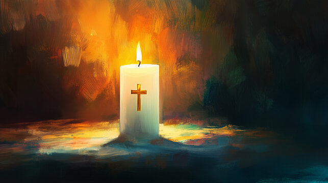 Burning Candle with Christian Cross in Dark Background – Spiritual Light, Faith Symbol, Religious Hope, Prayer and Meditation Concept