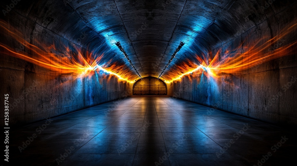 Poster Dynamic light lines mimicking sound pulses in underground tunnel urban environment artistic display