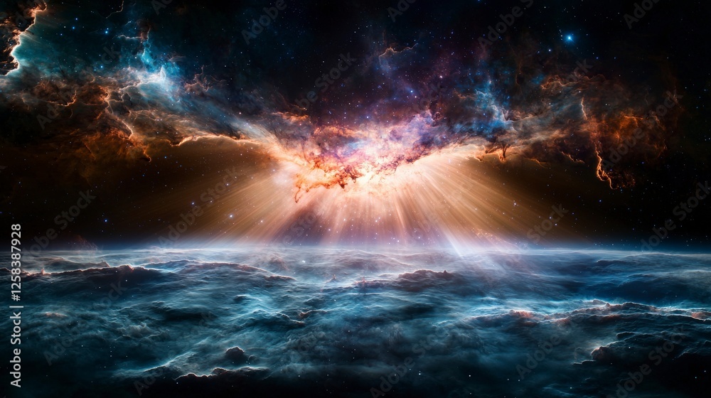 Poster celestial environment luminous rays of light in a vast cosmic landscape - aerial serenity in digital