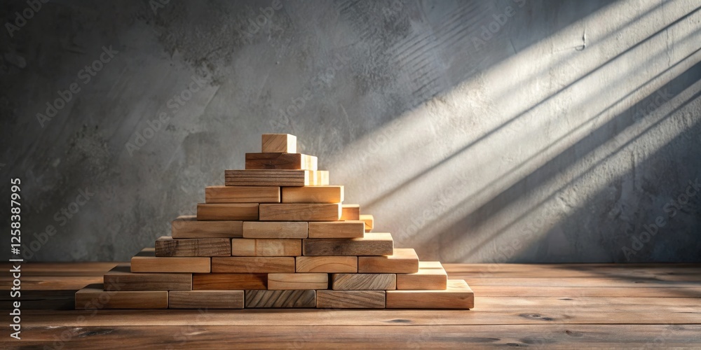 Aufkleber Wooden Blocks Pyramid Structure Illuminated by Sunlight on Rustic Table