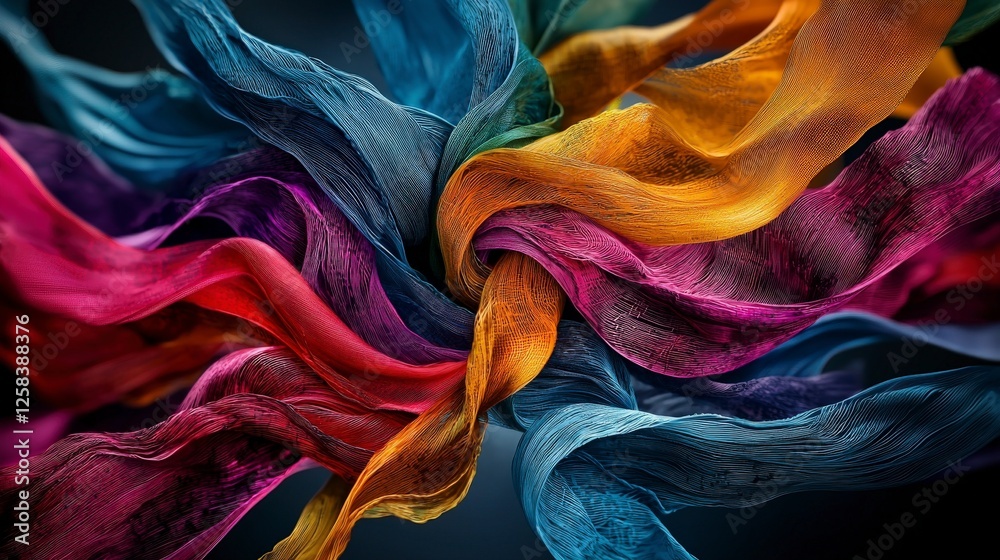 Poster dynamic colorful silk ribbons intertwined art installation abstract space mixed media unique perspec