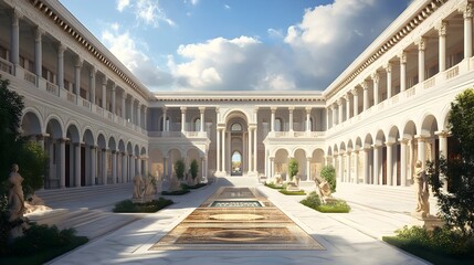 Fototapeta premium Serene Classical Courtyard with Statues and Fountain