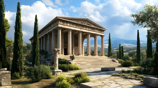 Ancient Greek Temple in a Sunny Mediterranean Landscape