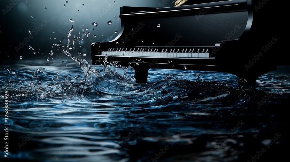 Fototapete Piano keys merging with flowing water patterns serene environment abstract art close-up perspective for tranquility