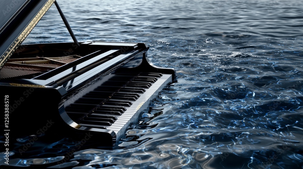 Poster piano keys flowing into water pattern serene lake digital art tranquil setting aerial view musical h