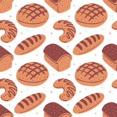 Set of bakery products. Bread made from wheat flour. Food and cooking. Flat vector illustration isolated on white background. Seamless pattern for design and printing