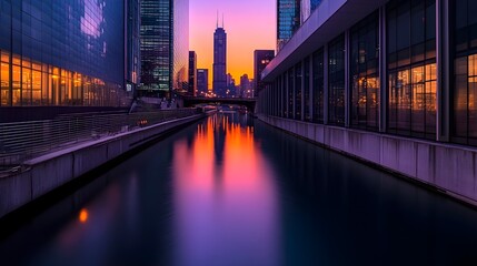 Obraz premium Purple Sunset Cityscape Reflection on Calm Water