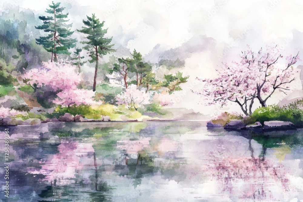 Poster serene spring landscape with flowering trees reflected in calm water in a picturesque environment du