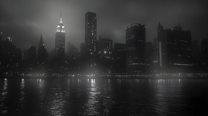 Fototapeta premium Night City Skyline with River Reflection