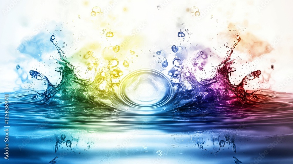 Poster Vibrant colorful water splashes creating dynamic circles in a fluid environment abstract art close-up view