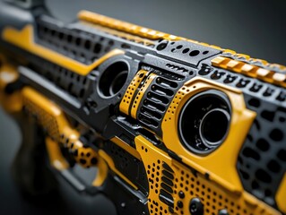 Fototapeta premium A close-up of the barrel and magazine cap, highlighting intricate details like yellow accents on black parts and silver metal surfaces.