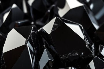 Macro shot of black obsidian stone, sharp and glassy with smooth surfaces, reflecting light in a sleek and mysterious manner.