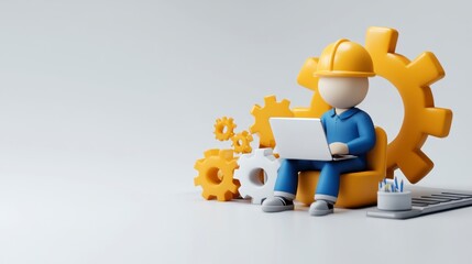 3D Engineer Working on Laptop with Gears