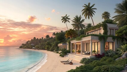 Fototapeta premium Stunning beachfront villa nestled on a tropical island paradise at sunset