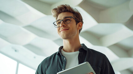 A confident young Caucasian man with glasses, with a slight smile, standing in a modern IT office with a geometric ceiling design, holds a tablet in his hand, exuding ambition and creativity.