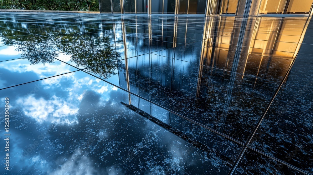 Poster reflective shiny metal surface in urban setting modern architecture smooth finish calm environment a