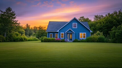 Blue house on green lawn at sunset.