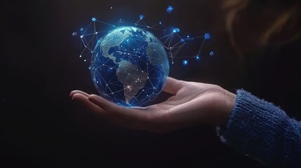 Woman's hand gently cradles a glowing digital Earth, showcasing global connectivity.