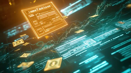 Glowing holographic data displays float above a digital network with blue lights.