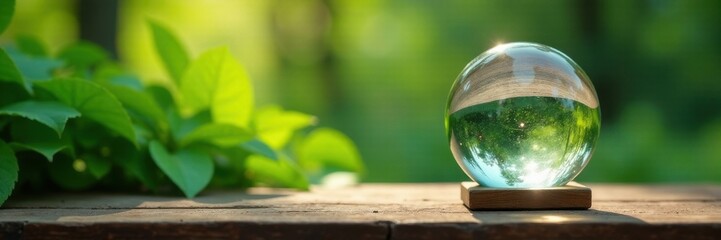 Ornamented glass sphere on wooden table amidst lush greenery, table, ornaments