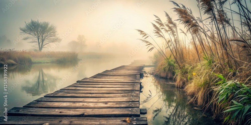 Poster serene wooden dock extending into misty river at dawn
