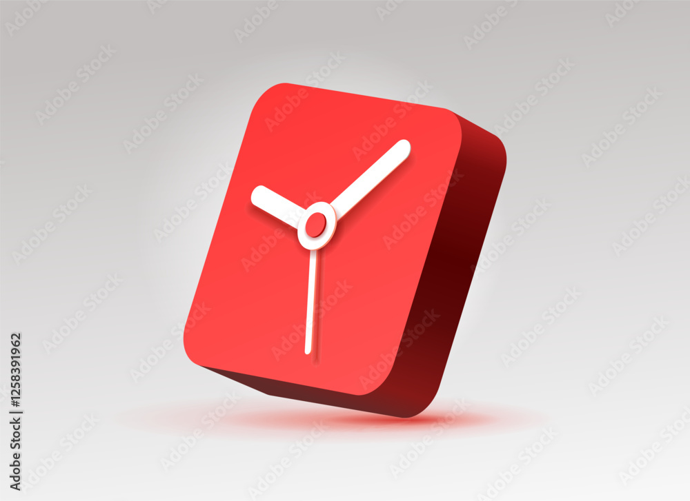 Wall mural rounded squre clock icon in 3d flat style, red rectangle timer on gray background. business watch. v