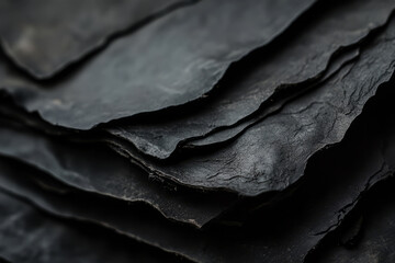 Macro shot of charcoal-black leather, capturing the detailed grain and worn edges, perfect for adding a vintage, sophisticated feel.