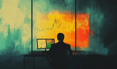 A professional analyzing stock market data on multiple screens with dynamic charts in a moody setting.
