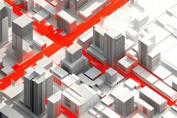 Fototapeta premium Abstract representation of an urban cityscape from above, with sleek gray buildings and vibrant red streets creating a modern, dynamic layout.