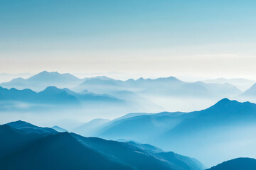 Fototapeta premium Abstract representation of mountain peaks bathed in soft golden light, with blue skies and expansive valleys below, creating a peaceful, elevated scene.