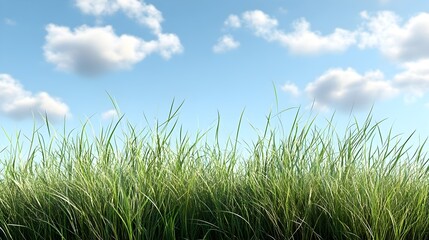 Fototapeta premium Vibrant Green Grass Meadow under a Sunny Blue Sky with Fluffy White Clouds