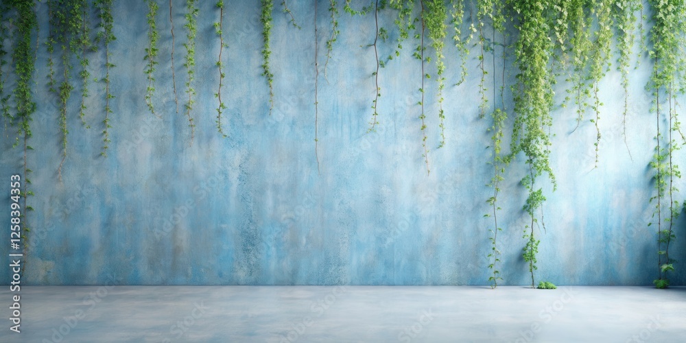 Poster Serene blue wall with hanging vines and empty floor space, perfect for product display or background image.