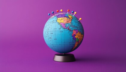 A globe with pins marking various locations on a purple background, symbolizing tourism, travel, and exploring the world, with room for text and branding