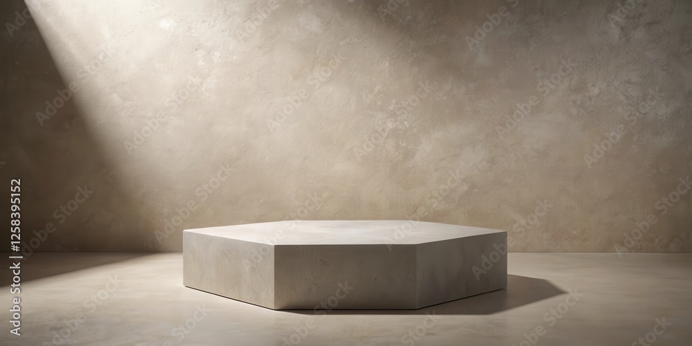 Poster Hexagonal concrete pedestal against a textured wall, showcasing a minimalist product display setting