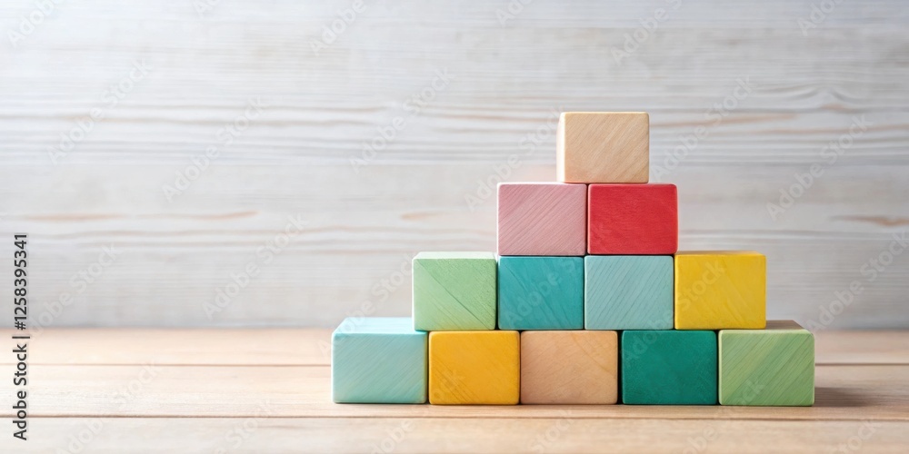 Aufkleber pastel-colored wooden blocks arranged in a pyramid shape on a light wood surface against a light woo