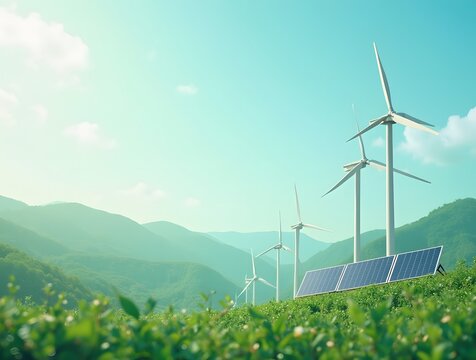 renewable energy banner background with green energy as wind turbines and solar panels