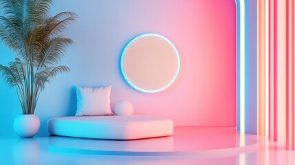 Dreamscape Oasis, Modern Minimalism with Neon Accents and Plant Life