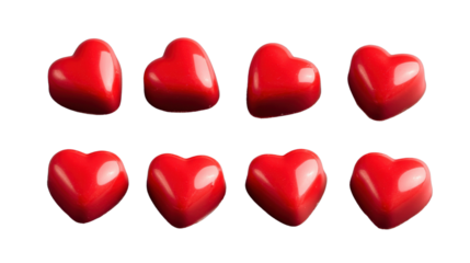 Eight glossy red heart-shaped chocolates on transparent background