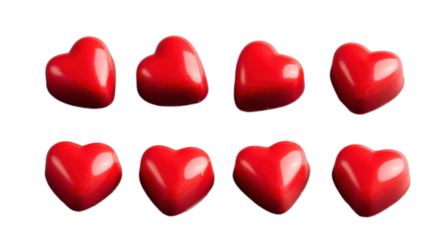 Eight glossy red heart-shaped chocolates on transparent background