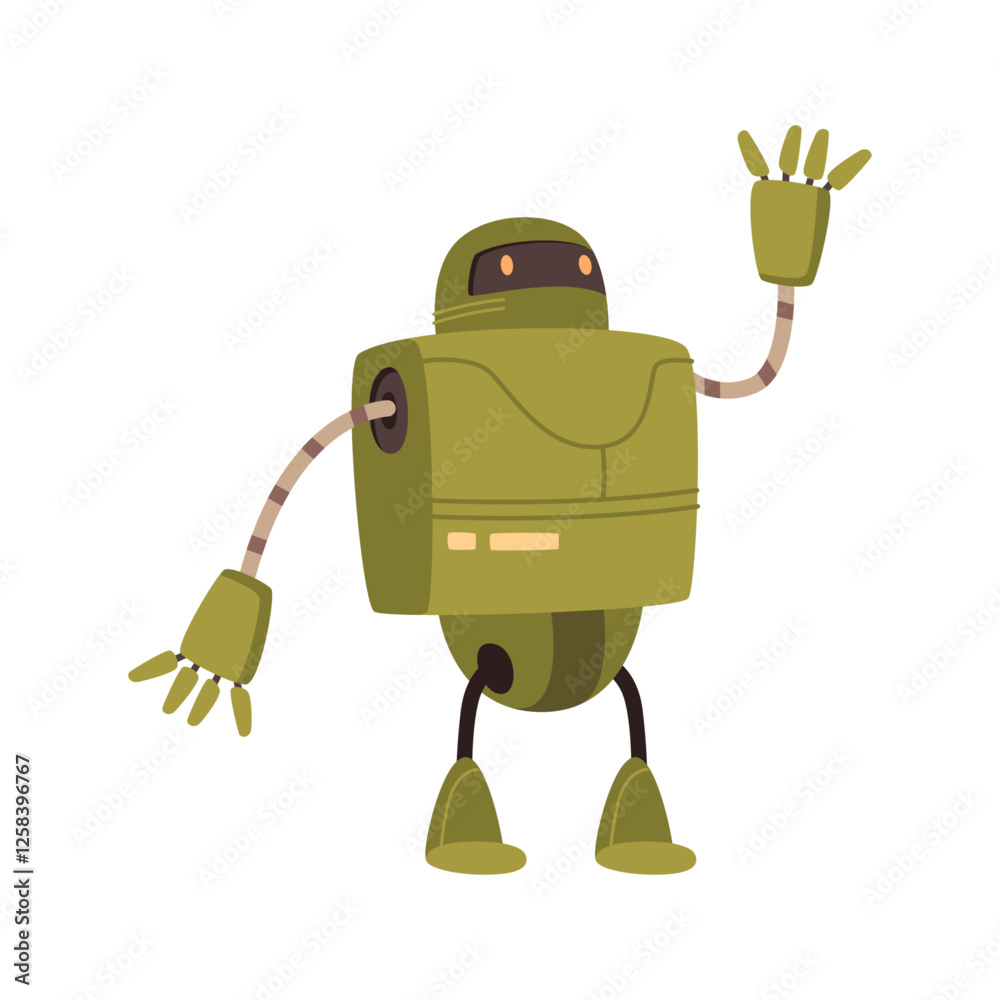 Aufkleber Modern robot character with eyes and legs, waving hand. Vector isolated friendly humanoid or cyborg with AI. Artificial intelligence or chatbot assisting with issues. Smart technologies development