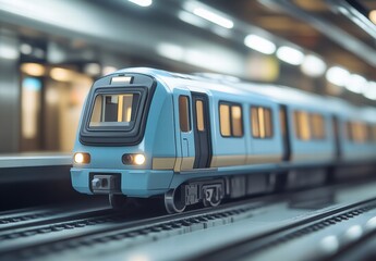 Obraz premium A blue train is on the tracks with the lights on