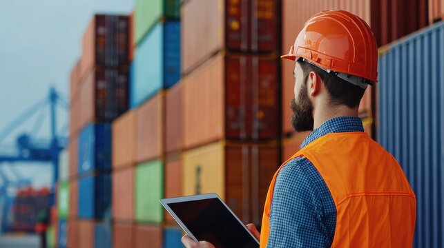 A worker in safety gear surveys a stack of colorful shipping containers, utilizing a tablet to manage logistics and operations at a freight terminal.