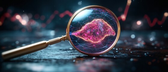 Magnifying glass over a pink and blue heart image with data analysis and search engine optimization theme