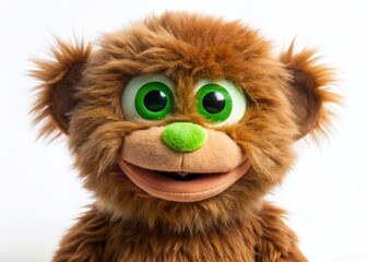 Obraz premium Adorable Brown Furry Puppet with Green Eyes - Isolated on White Background for Crafts, Storytelling, and Children's Media