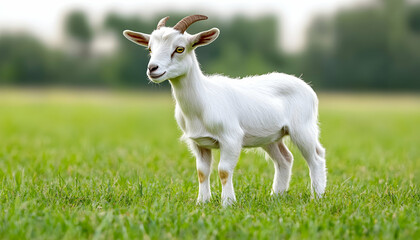 Fototapeta premium Goat stands in a green field, looking at the viewer, for a farm or nature concept