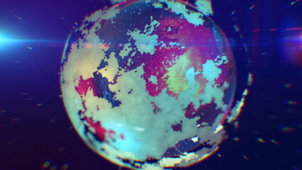 A cool-toned digital depiction of Earth, showcasing pixelated patterns and futuristic blue lighting, emphasizing technology and innovation background, video in high quality 4k, motion design