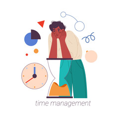 Time management and organization of workflow. Vector flat cartoon character, isolated man with clock and hourglass, stressed by deadline and projects. Qualities of employee and manager or boss