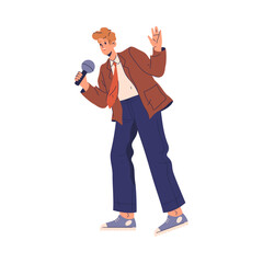 Karaoke singer with microphone performing for fun. Vector flat cartoon character, isolated guy with mic, singing songs and relaxing on weekends. Leisure time of vocalist or professional