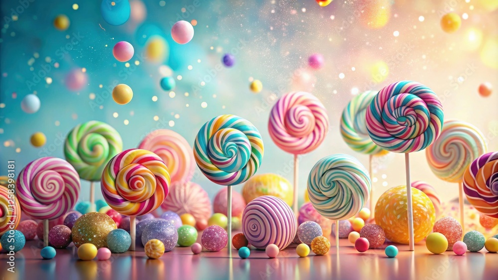 Poster a whimsical arrangement of colorful swirl lollipops and glistening spheres, creating a sweet and vib