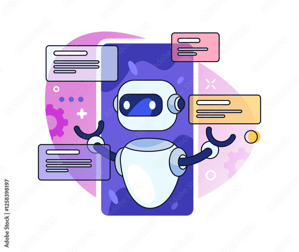 Leinwandbilder Robot at helpdesk, isolated chatbot helping clients. Vector business aid, technology with artificial intelligence and ability to communicate with customers. Machine learning and development